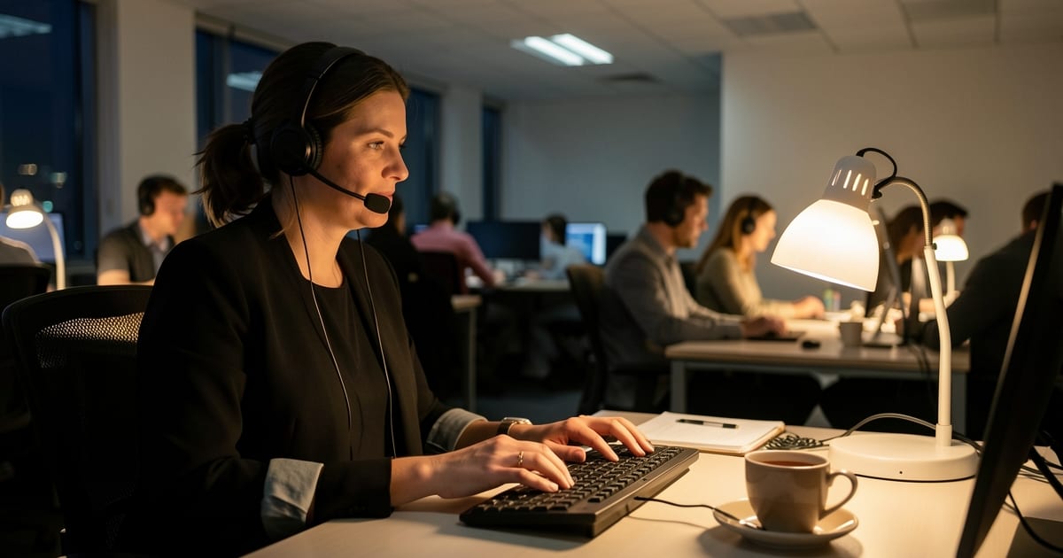 Call centre agent with a headset working at a desk in a softly lit office during a night shift