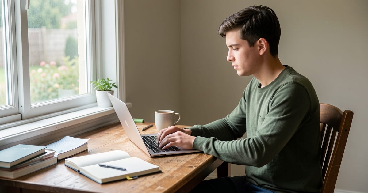Freelancer working on a laptop at a home desk beside a window with a notebook and cup of tea