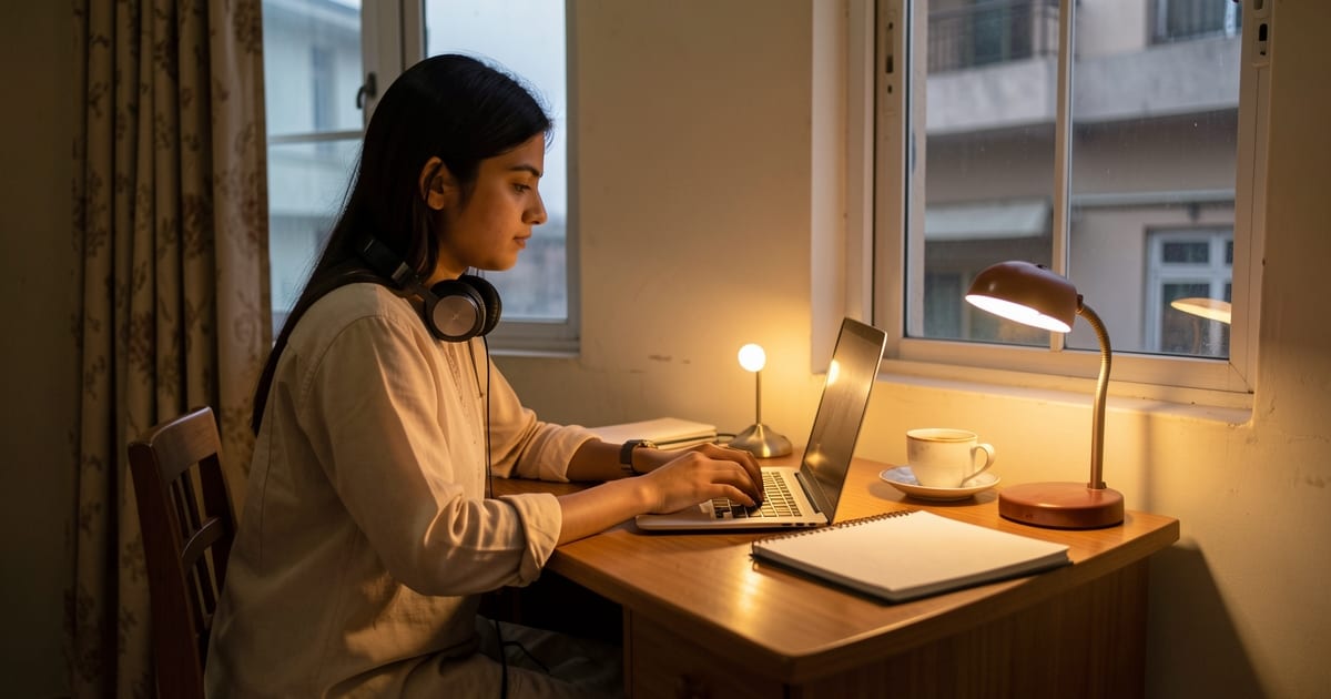 Woman with a headset working on a laptop at a home desk by a window in warm evening light