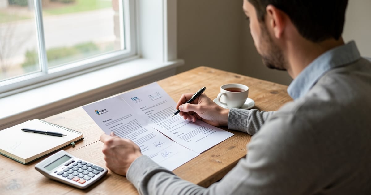 Job seeker at a desk comparing two printed job offers with a pen, notebook and calculator