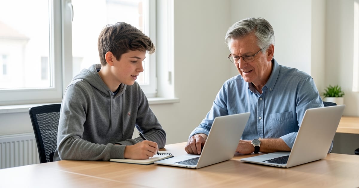 An intern and a senior colleague discussing work together at an office desk in natural light