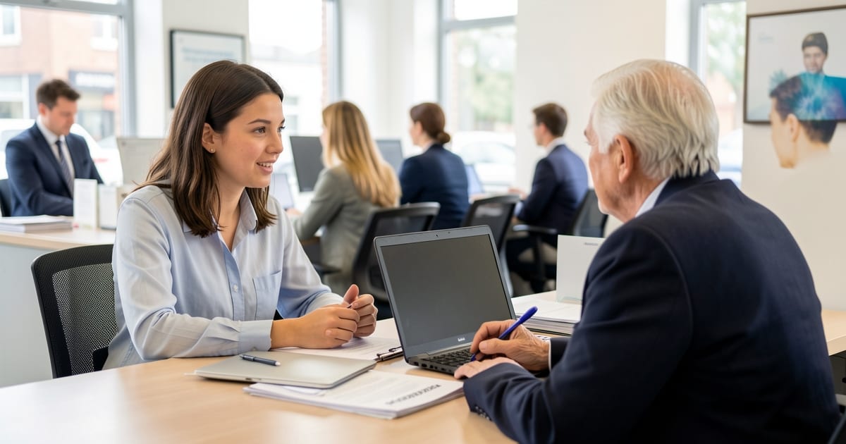 Bank officer assisting an older customer at a branch desk with papers and a pen
